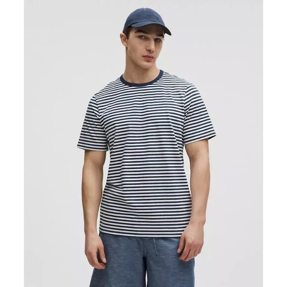 Lululemon Mens Organic Cotton Classic-Fit T-Shirt Blue & White Bold Stripe - Picture 1 of 4